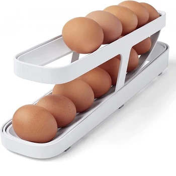  Двухъярусный автоматический прокручивающийся держатель стойки для яиц Ящик для хранения Корзина для яиц Контейнер Органайзер Роллдаун Холодильник Дозатор яиц
