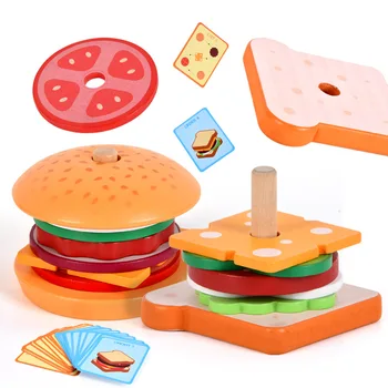 Деревянная игрушка для сэндвичей с гамбургером Деревянные игрушки для штабелирования Игрушки Монтессори для малышей и детей дошкольного возраста Развивающие игрушки