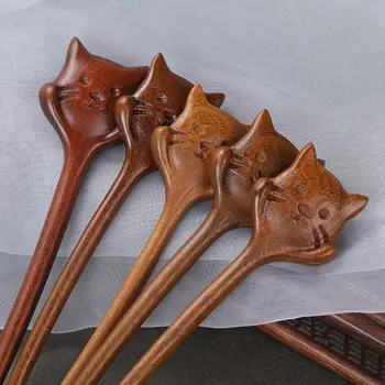 Деревянные палочки для волос Изысканный китайский стиль Кошка Деревянные палочки для волос Деревянные китайские палочки для волос Ханьфу Аксессуары