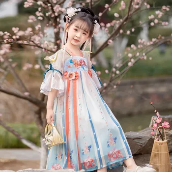 Древний Костюм Китайский Стиль Цветочная Вышивка Платье Фея Одежда Дети Ханьфу Девочки Мода Удобные Платья