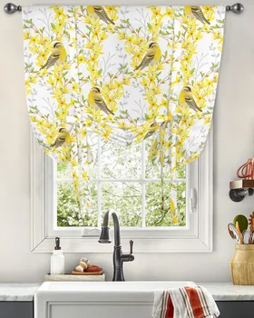 Желтые цветы и малиновки Оконная занавеска для гостиной Домашний декор Жалюзи Шторы Шторы Кухня Завязывание Короткие шторы
