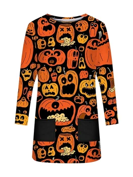 Женская ночная рубашка на Хэллоуин Пижамы с длинным рукавом Круглый вырез Передний карман Платье для сна Ночная рубашка