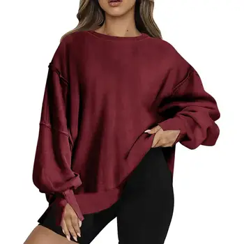 Женская толстовка оверсайз сплошной цвет с круглым вырезом и длинным рукавом повседневный пуловер свободного кроя Женский осенний наряд рубашка топ