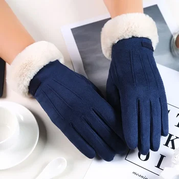 Женские зимние перчатки Теплый экран Женские меховые перчатки Варежки с полным пальцем Перчатки Вождение Ветрозащитные ганты Hiver Femme Guantes