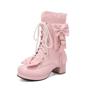 Женские массивные ботильоны на платформе Lolita Med Heel Ботинки на шнуровке Sweet Bow Пряжка Черный Кружевная обувь для косплея Розовый Белый