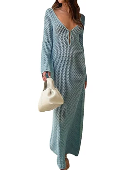 Женское вязаное крючком кружевное макси-платье с длинным рукавом и вырезами - элегантная пляжная накидка для купальников