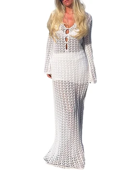 Женское летнее бикини Накидка с длинным рукавом V-образным вырезом Замочная скважина Спереди Hollow Out Crochet Тонкое длинное платье