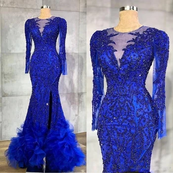 Женщины блестящее вечернее платье с пайетками 2023 Королевский синий высокий сплит русалка Официальное мероприятие Свадебная вечеринка Выпускное платье Халат De Soiree