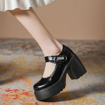 Женщины на массивных каблуках Мэри Джейн Обувь 2023 Новая весенняя мода Японская студенческая платформа Lolita Обувь Женская обувь на высоком каблуке 10 см