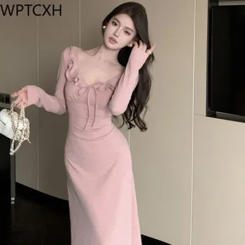 Женщины осень зима облегающее платье-свитер 2024 корейское элегантное платье для вечеринки розовое шерстяное вязаное шикарное платье с бантом и V-образным вырезом