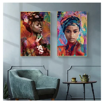 Живопись Красочные женские портретные плакаты и принты Настенное искусство для гостиной Домашний декор Cuadros Абстрактный Африка Девушка Холст Масло
