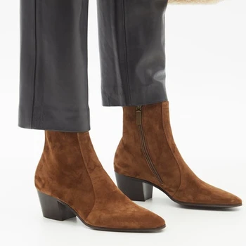 Замшевые замшевые сапоги нового стиля 5 см на высоком каблуке для женщин