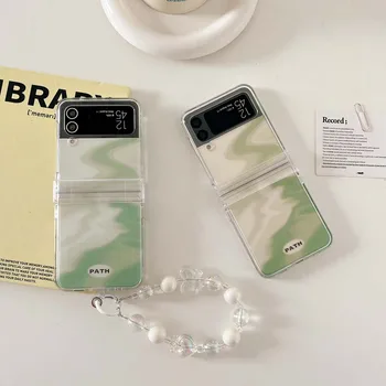  Зеленый акварельный чехол для телефона для Samsung Galaxy Z Flip 4 3 Z Flip 3 Flip 4 5G Чехол с цепочкой Прозрачные милые чехлы для петель