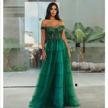 Зеленый Женское вечернее платье с открытыми плечами Длина до пола Аппликации без рукавов Тюль Special Vestidos De Fiesta Elegantes Para Mujer