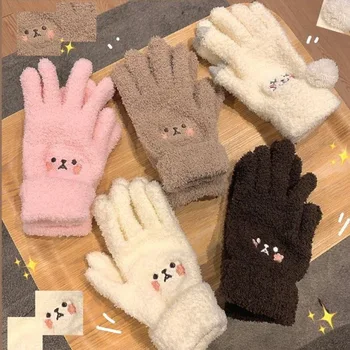 Зимние плюшевые перчатки для милой девушки Теплые перчатки для пальцев Вышивка Румяна Медведь Шерстяные Варежки Студент Холодные На открытом воздухе Велосипедные перчатки
