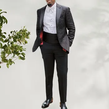 Изготовленные на заказ мужские костюмы Черный жених Смокинги Шаль Атласный лацкан Женихи Комплект из 2 предметов (пиджак + брюки + галстук-бабочка) D482