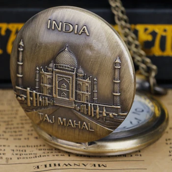 Изысканный Индия Тадж-Махал Дисплей Бронзовые карманные часы Кварцевое ожерелье Кулон Часы Полный Охотник с брелоком Цепочка Сувенир