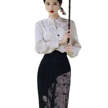 Китайская традиционная рубашка Cheongsam Chi-pao Винтажная улучшенная полуюбка Qipao Retro Top Half Skirt Set Осень-Весна 2024