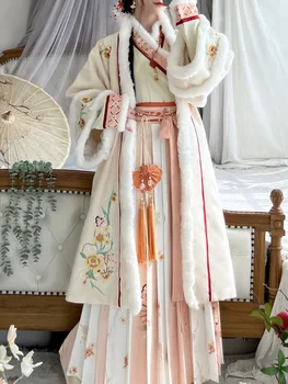 Китайский зимний стиль Сун стиль Сун Ханьфу женская двубортная длинная куртка плиссированная юбка с поперечным вырезом повседневный плюшевый комплект