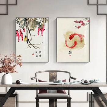 Китайский традиционный пейзаж Золотая рыбка Живопись Холст Стена Плакат Печать Минималистичный домашний декор Картины для гостиной Спальня