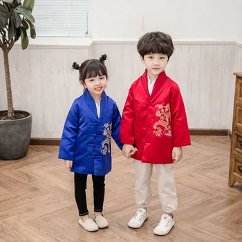 Китайское традиционное пальто для детей Мальчики Девочки Пятно Тан Костюм Дракон Вышивка Ханьфу Новый Год Наряд Красный Королевский Синий Зима