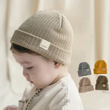 Корейская детская вязаная шапка Однотонная шапочка Шапочка для новорожденного мальчика Девочка Милый улыбающийся значок Осень Зима Младенец Малыш Тюбетейка