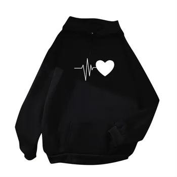 Корейская мода Kpop Толстовки оверсайз Ropa Moletom Harajuku Толстовки Heartbeats Loves Принт Черный пуловер с капюшоном Пары