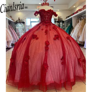 Красный Quinceanera Платья 3D Аппликации Возлюбленная Цветочные бальные платья ручной работы Vestidos De 15 Años