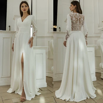 Креп Свадебные платья для женщин 2021 Кружевные аппликации A-Line с разрезом Длинные рукава Свадебные платья Платье для приема невесты Vestido De Noiva