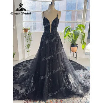 Кружевные пайетки Глубокий V-образный вырез Спагетти на бретелях Готическое черное свадебное платье для женщин 2024 Свадебное платье с открытой спиной vestido de novia negro