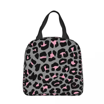  леопард точечный принт узор в розовом и сером ланч-сумке из кожи животного женщины дети сумка-холодильник термо портативный ланч-бокс пакет со льдом тоут