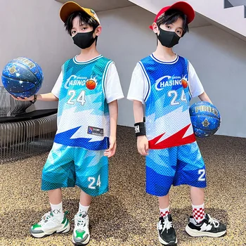  Летняя баскетбольная форма для мальчиков Мода Футболка с коротким рукавом + шорты Дети 2 шт. Размер костюма: 120-170 см Спортивный набор для подростков