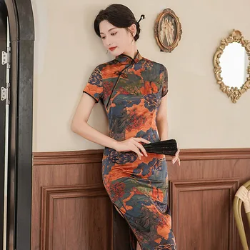 Лето Элегантный Улучшенный Cheongsam Большой размер Ретро Мода Банкетная одежда Вечеринка Китайский стиль Вечернее платье Qipao для женщин