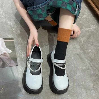 Маленькие кожаные туфли Mary Jane на толстой подошве в британском стиле для женских новых съемных жемчужных туфель 32-33 маленького размера одинарные туфли