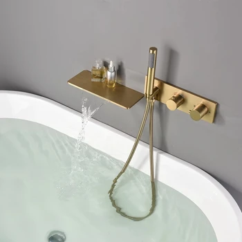 Матовый золотой смеситель для ванны Набор смесителей для душа из матового термостатического смесителя для ванны с ручным водопадом Кран для ванны Черный