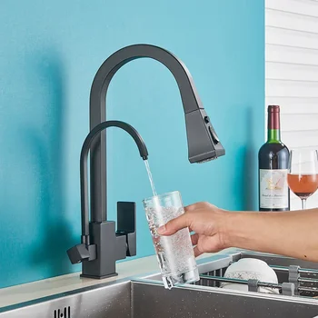 матовый черный квадратный кухонный кран с фильтром выдвижной кран для горячей холодной воды с вращением 360 для питьевых кранов