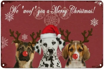Металлическая табличка Жестяной знак We Woof You A Merry Chrismtas Металлическая табличка Рождественская собака в шапке Санта-Клауса и металлический знак с рогами