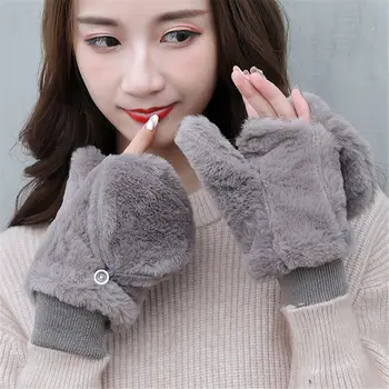 Модные женские плюшевые перчатки из искусственного меха Ветрозащитные бархатные утолщенные теплые варежки Зимние мягкие эластичные перчатки флип-типа грелка для рук