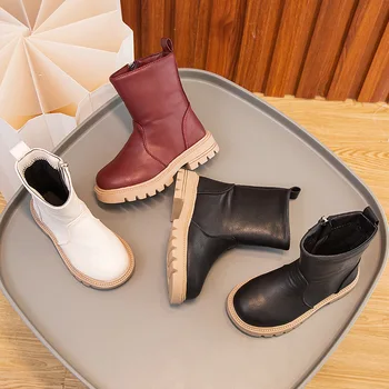 Модные кожаные сапоги для девочек Британский стиль Сапоги до середины икры Сплошная молния Детские высокие сапоги на платформе Обувь для маленьких девочек Botas Mujer