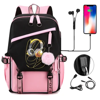 Модный тренд Школьный рюкзак для студентов колледжа Сумки Холщовая сумка Рок Наушники Акварельный дизайн Девочки Розовые сумки Мочила