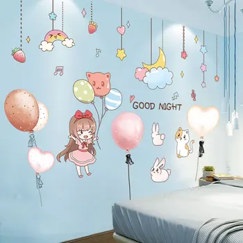 Мультяшная девушка Наклейки на стену DIY Воздушные шары Животные Наклейки на стены для детских комнат Детская спальня Детский сад Украшение дома