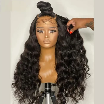 Натуральный черный мягкий 26 дюймов длиной 180% плотности Culry Глубокая волна Бесклеевой кружевной передний парик для женщин Детские волосы Prepeded Ежедневный косплей
