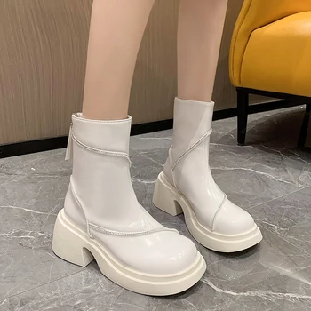  Новые белые сапоги со стразами Дизайн Женщины 2023 Корейская мода Женские сапоги на высоком каблуке Удобные зимние сапоги на толстой каблуковой платформе