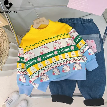 Новые детские мальчики осень зима милый мультяшный кролик утолщают теплый пуловер толстовка топы с джинсами детские девочки повседневные комплекты одежды