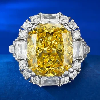 Новый s925 Стерлинговое серебро High End 12 * 14 Обручальное кольцо Углерод Бриллиант Ледяной цветок Огранка Желтый для женщин