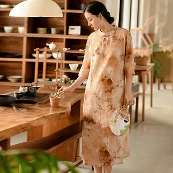 Новый китайский стиль хлопок женский 2023 весна лето Ramie Ретро платье женское традиционное китайское стиль улучшенная юбка Cheongsam