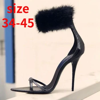 осень 2023 Новая мода Вечеринка Банкетные сандалии для женщин Мех Задняя молния Высокий каблук Дизайнер Элегантная сексуальная обувь большого размера 42 43 45
