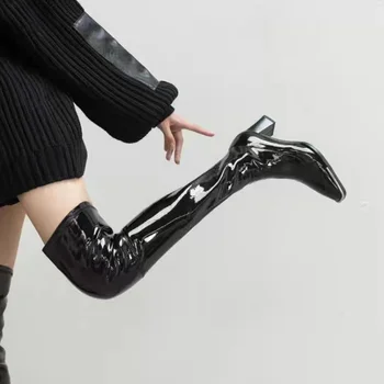Осень-зима Новые женские сапоги выше колена 2023 Мода Панк Квадратный носок Коренастый каблук Готические сапоги для женщин Классическая обувь на каблуке
