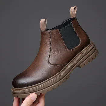  Осень Зима Челси Ботинки для мужчин Мода Повседневная Английский Стиль Высокий Топ Кожаные Обувь Платформа Мужчины Дизайнерские Ботильоны Мужчины