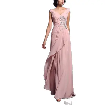 Отличные розовые шифоновые платья для матери с V-образным вырезом Спагетти Бретельки с V-образным вырезом Аппликации из бисера Изготовленные на заказ индийские курти для женщин